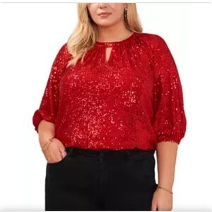 EUC VINCE CAMUTO Women's Plus Sequined Red Keyhole Blouse (1X)